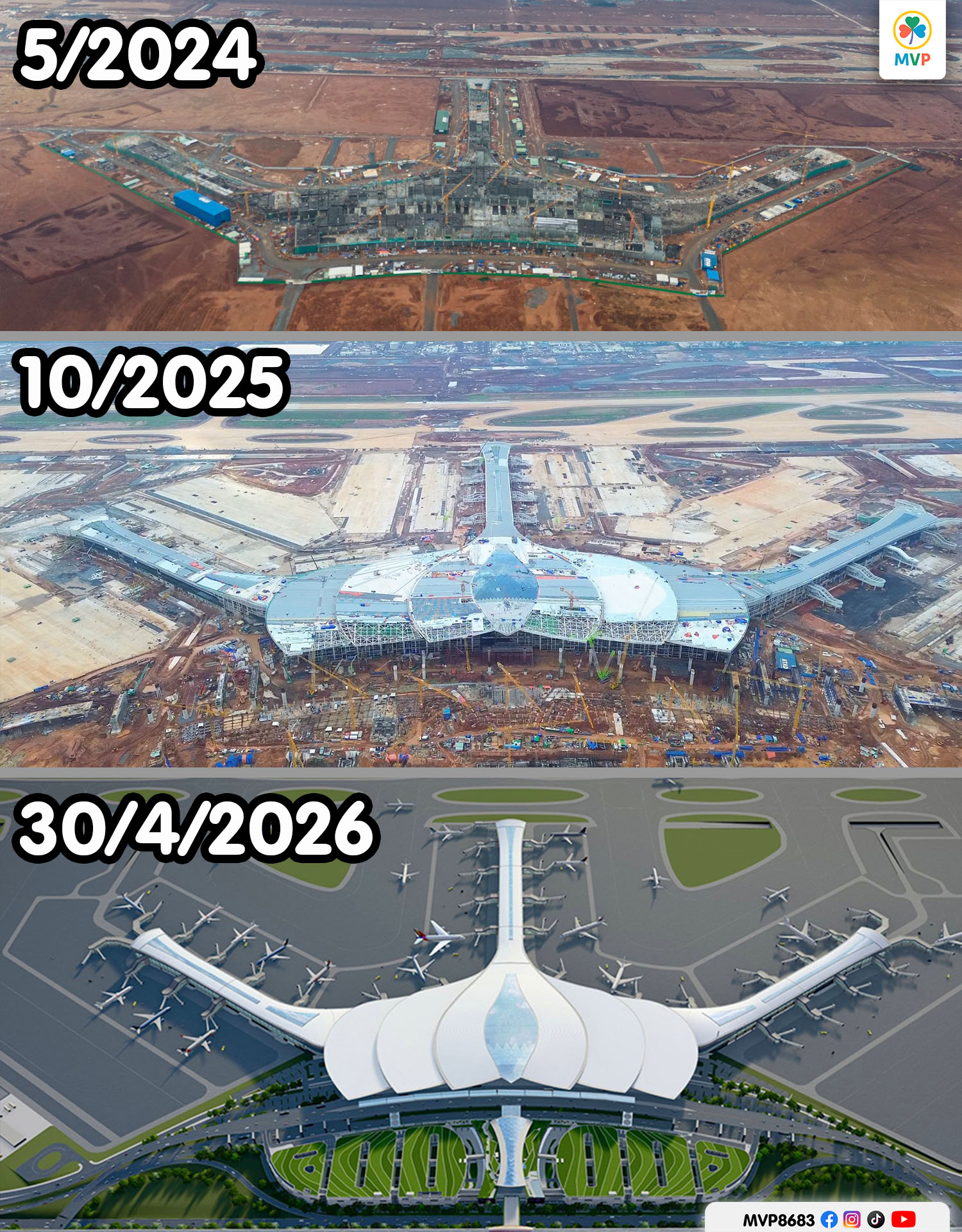 So sánh hình ảnh sân bay Long Thành trong 3 năm 2024, 2025,2026