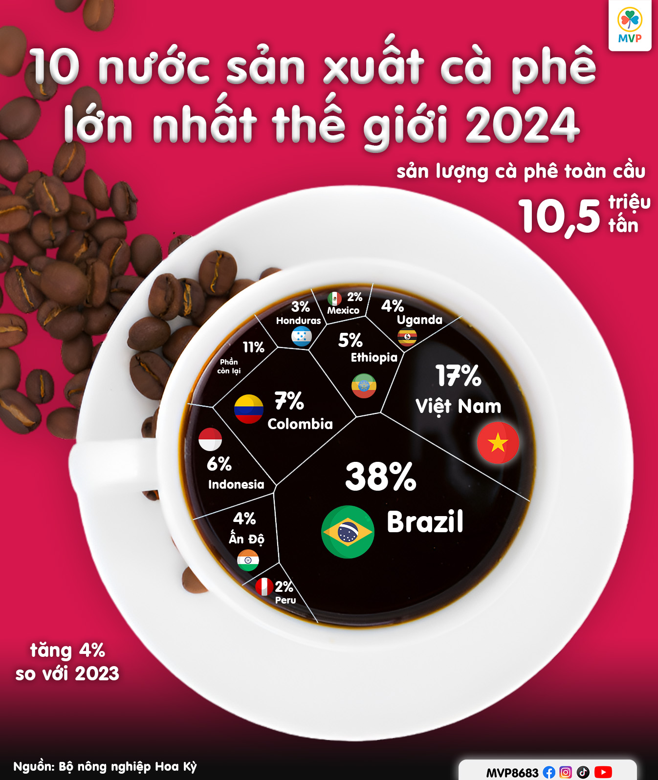 Top 10 quốc gia sản xuất cà phê lớn nhất thế giới năm 2024
