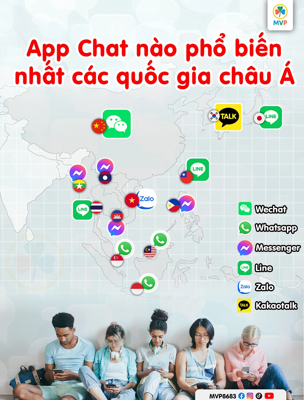 Bản đồ minh họa thị phần các ứng dụng nhắn tin Zalo, WeChat, LINE, WhatsApp tại châu Á