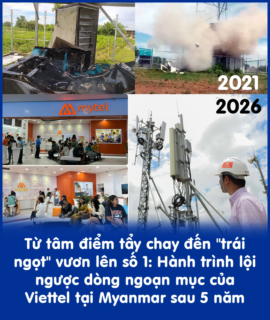 Hình ảnh minh họa trạm phát sóng viễn thông và nhân viên Mytel tại Myanmar